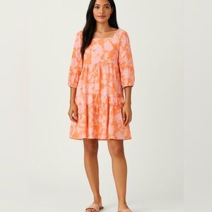 Sanctuary Pink & Orange Floral Puff 3/4 Sleeve Mini Dress/Square Neck, Medium